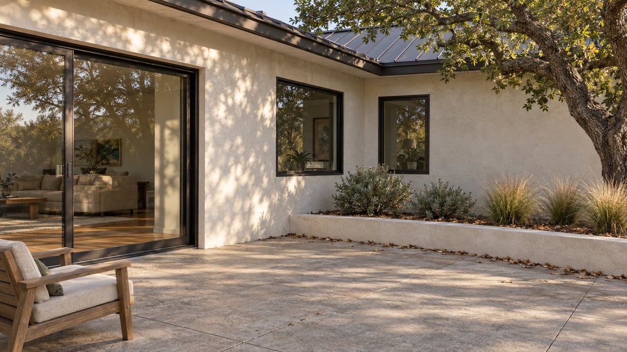 Rear terrace beside an off-white split-level home, with a closed glass door, oak tree, and timber lounge chair.