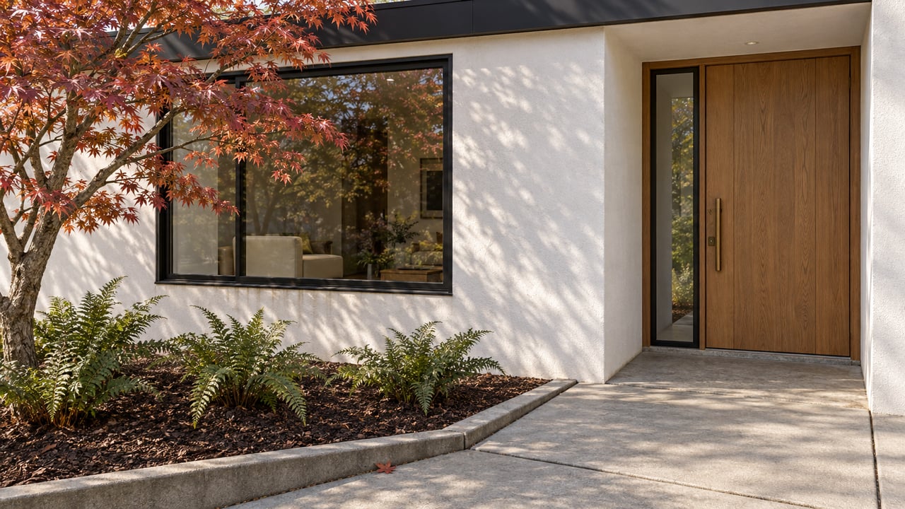 White stucco home with a recessed oak front door, black-framed window, and copper-red Japanese maple beside a concrete approach.