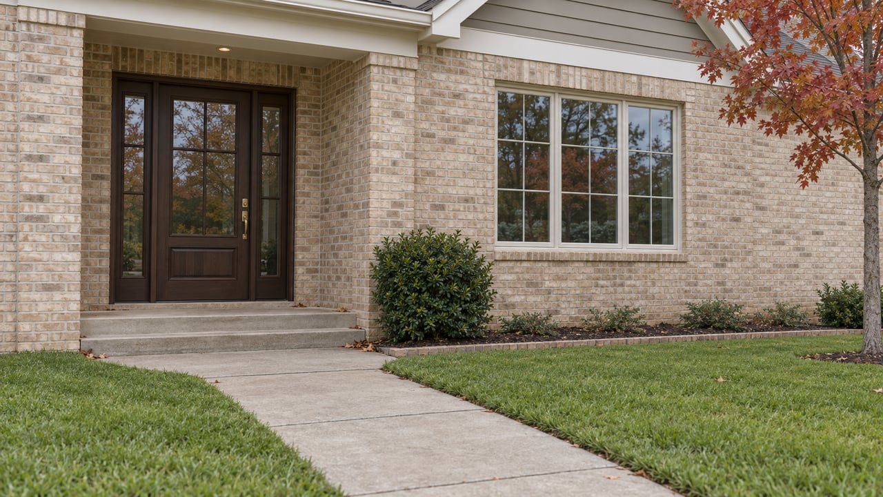 Recessed dark wood entry with glazed sidelights beside a broad window in a buff brick house.