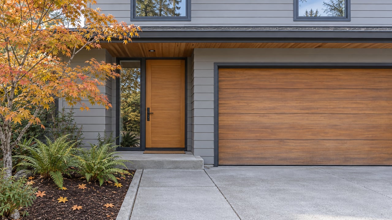 Gray lap-sided home with a cedar entrance and amber timber garage door beside a copper-leaved maple and ferns.