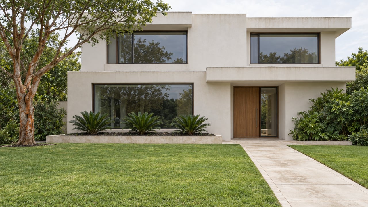 White contemporary home with bronze-framed windows, a limestone entry walk, deep lawn, and a copper-barked specimen tree.