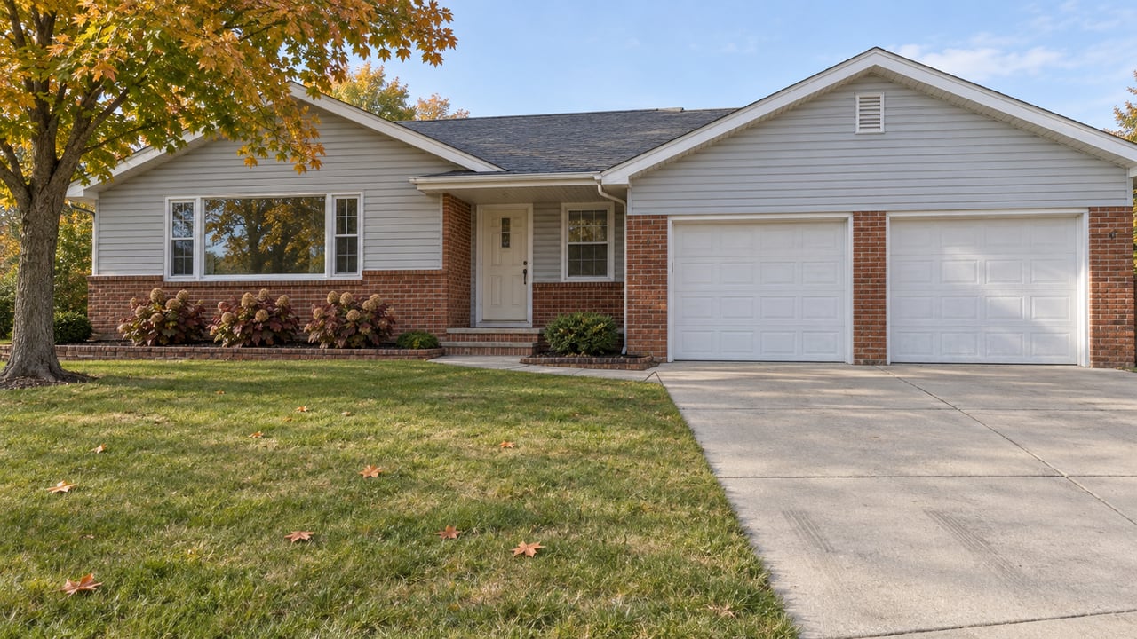 A gray-sided and red-brick raised ranch with a two-car garage, broad lawn, and amber maple foliage in October sunlight.