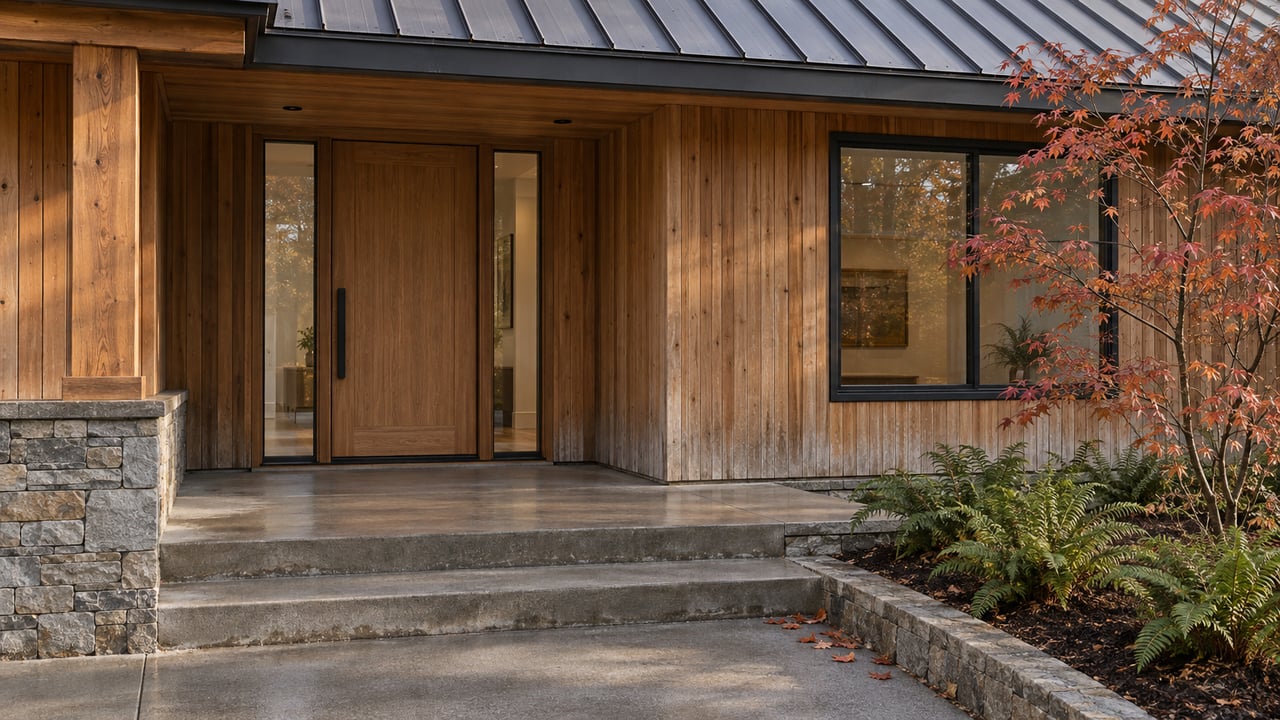 Covered cedar home entry with a timber post, gray stone base, dark metal roof, and copper-red maple beside damp concrete steps.