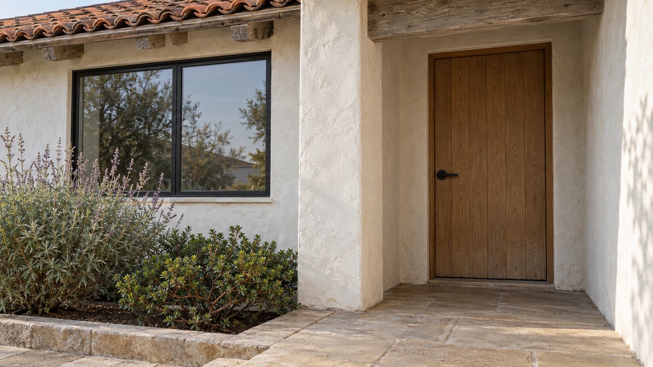 Weathered white-plaster cottage entrance with an oak door, black-framed window, sandstone terrace and two sculptural drought-adapted plants.
