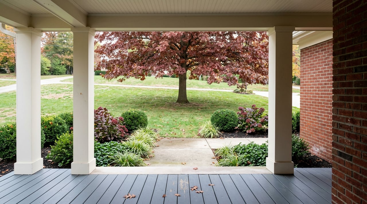 Covered porch with gray decking and white columns overlooks a lawn, burgundy hydrangeas, and a red oak canopy.
