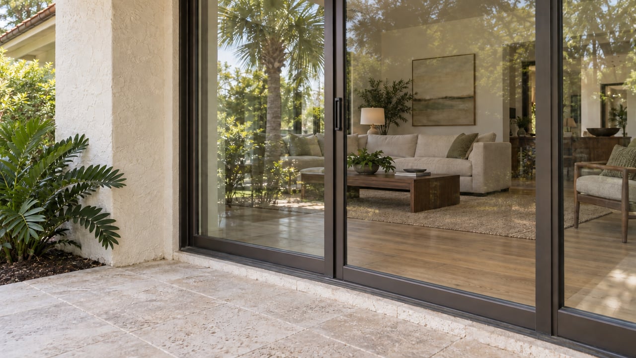 Oak-floored living room and sofa visible through a glass sliding panel between bronze mullions.