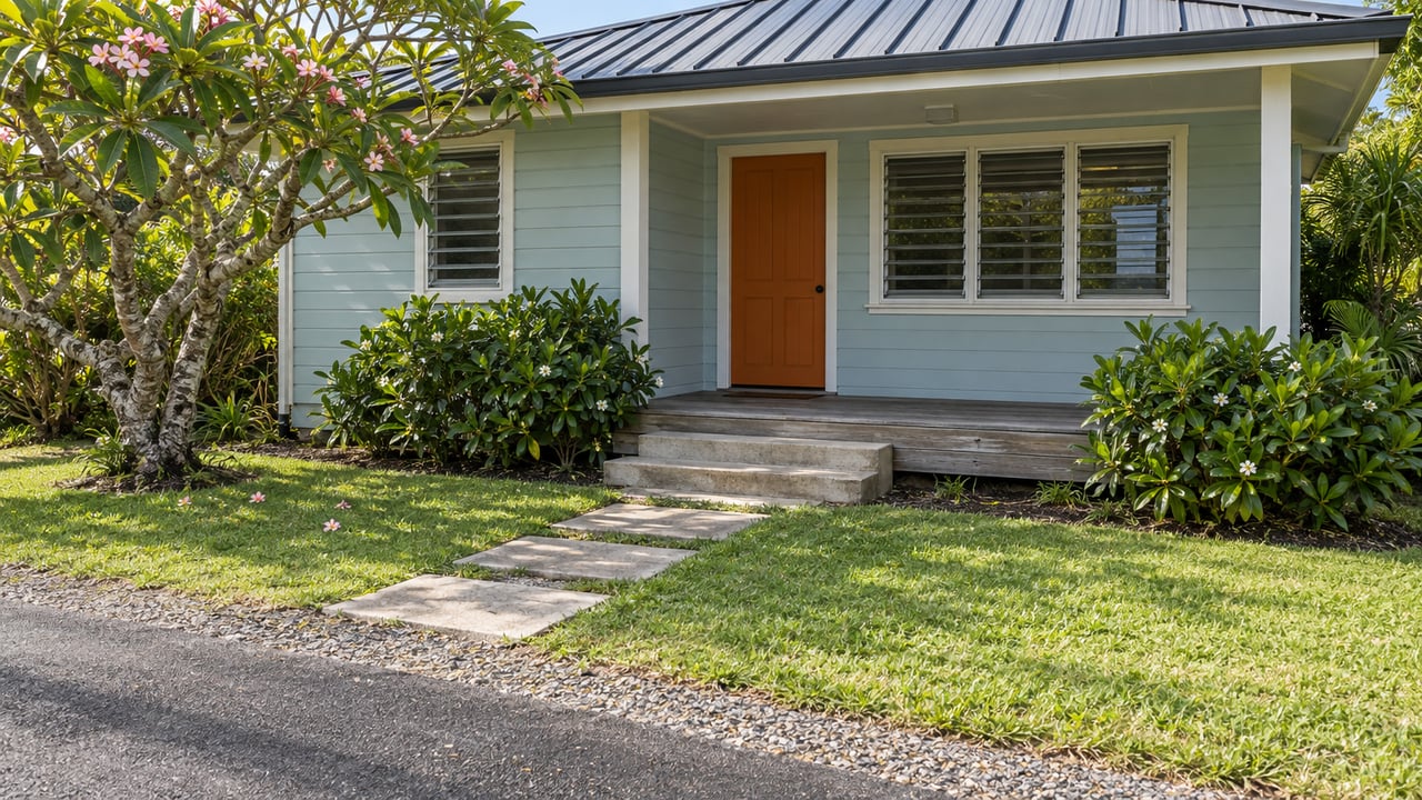 Pale aqua cottage with a burnt-orange door, front lawn, concrete path, and flowering plumeria beside a narrow road.