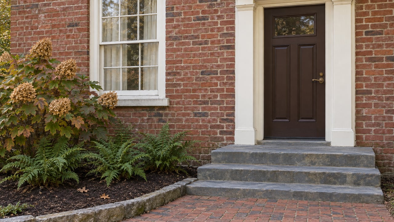 Brick home entrance with a dark paneled door, stone steps, and autumn landscaping.