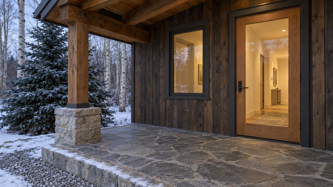 Timber-covered home entry with cedar siding, warm light behind a closed glass door, and snow along the stone porch step.