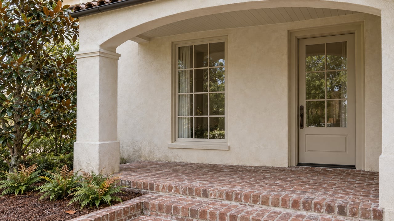 Ivory stucco entry porch with a broad arch, glazed front door, weathered brick steps and a magnolia beside the garden.