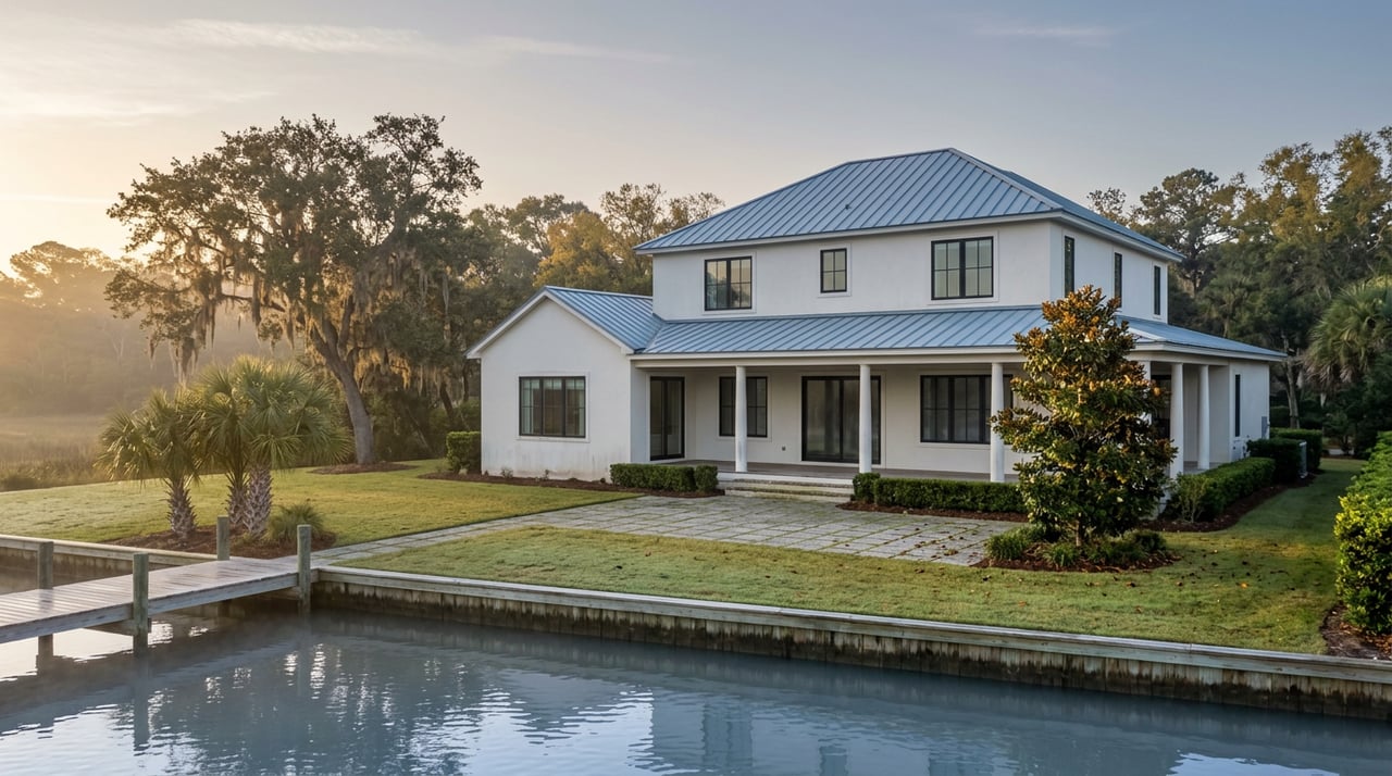 Coastal home with a wraparound porch and private dock beside calm water, framed by live oak and Spanish moss.
