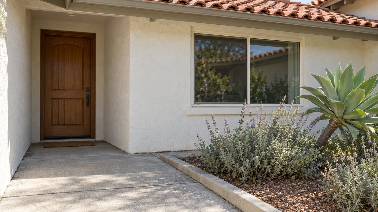 Recessed honey-brown timber door beside a wide window, with an agave and silver-green salvia along the concrete walk.