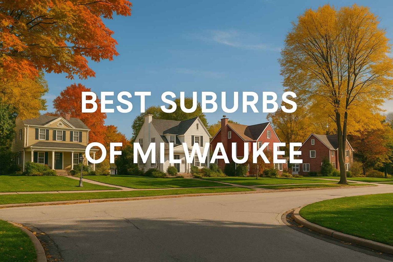 Neighborhood street with suburban Milwaukee homes in fall colors and large text that reads ‘Best Suburbs of Milwaukee.