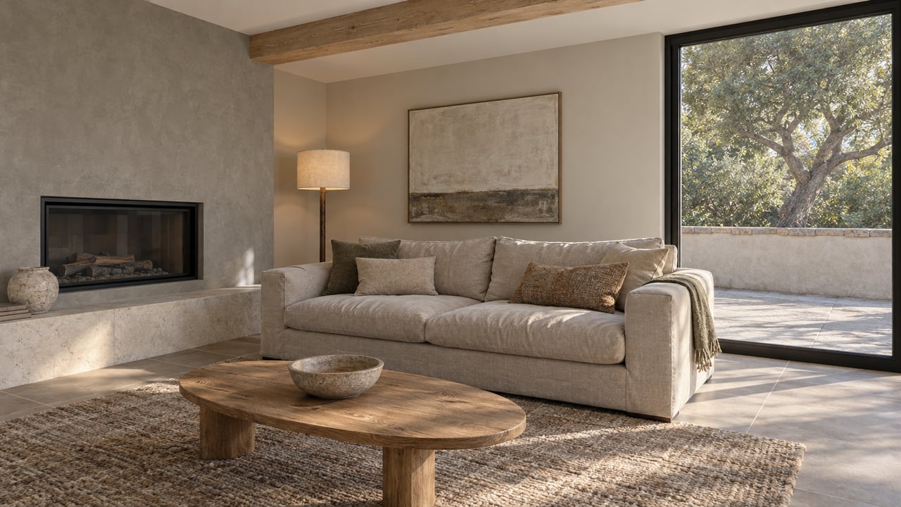 Sunlit living room with an oatmeal sofa, limestone hearth, oak table and a closed window overlooking an oak tree.