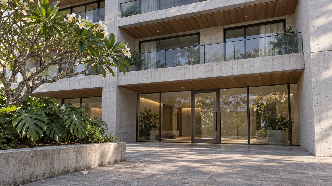 Modern condominium entrance with weathered concrete, teak balcony soffits, bronze-framed glass and a raised planter with flowering frangipani.