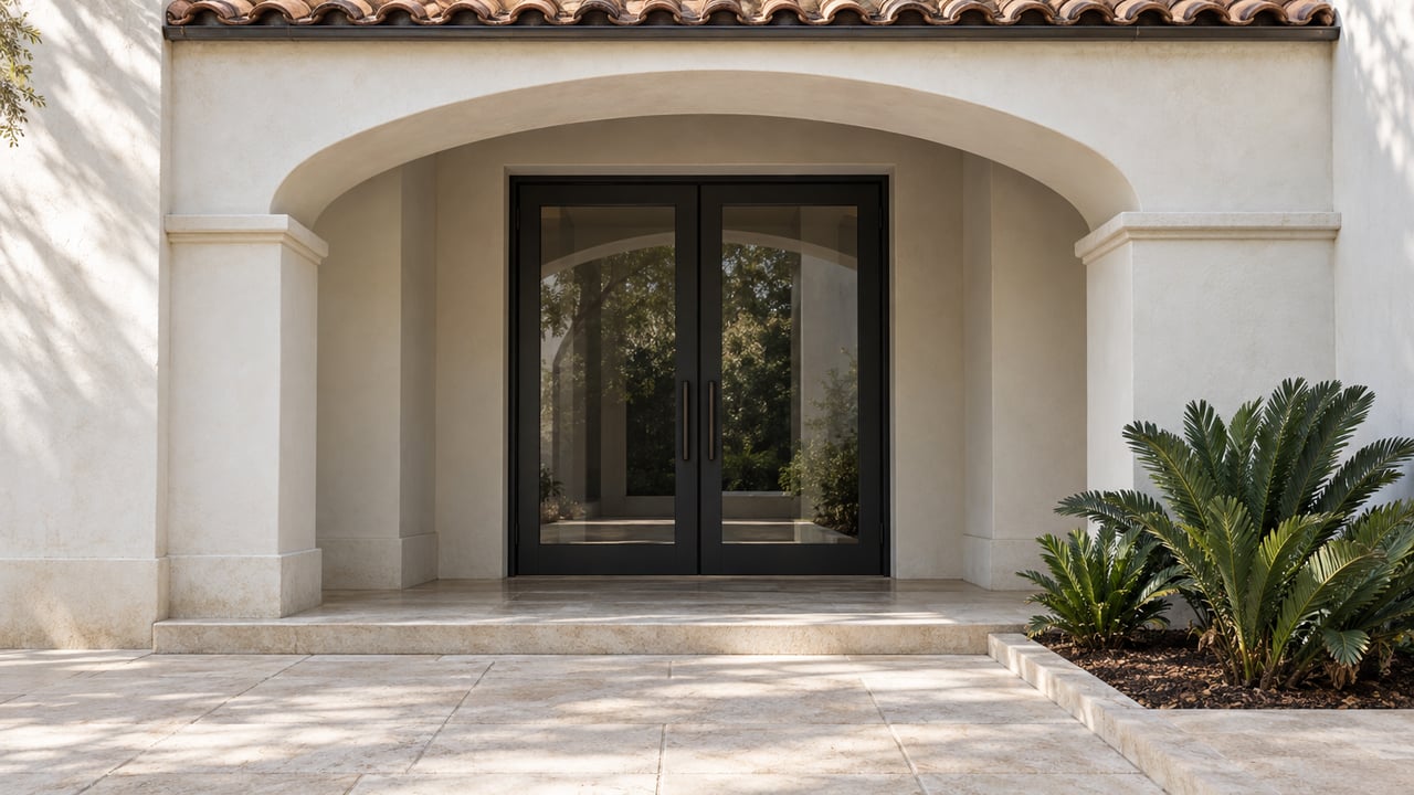 Sunlit ivory stucco villa entrance with a shaded arch, black-framed glass double doors, limestone steps, and three coontie plants.