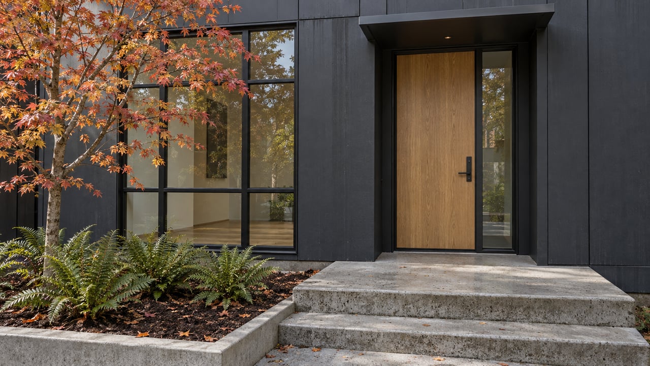 Contemporary home entrance with charcoal cladding, an oak door, tall gridded window and autumn vine maple beside concrete steps.