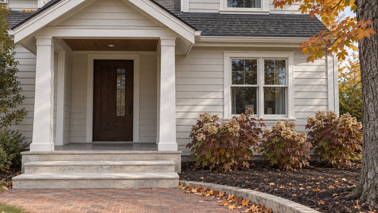 Covered gabled entry with ivory cedar siding, an oak door, limestone steps and autumn maple foliage.