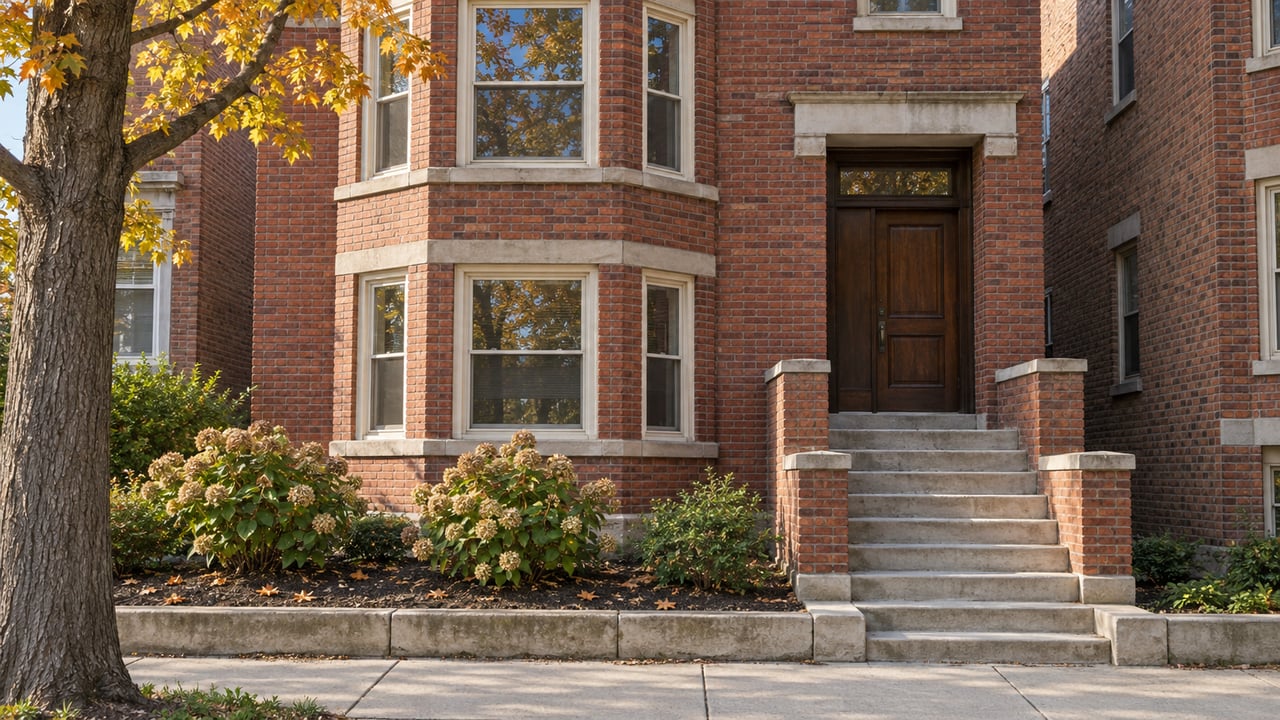 Red-brick two-flat with cream-framed bay windows, limestone entry steps, and a small garden beneath amber maple leaves.