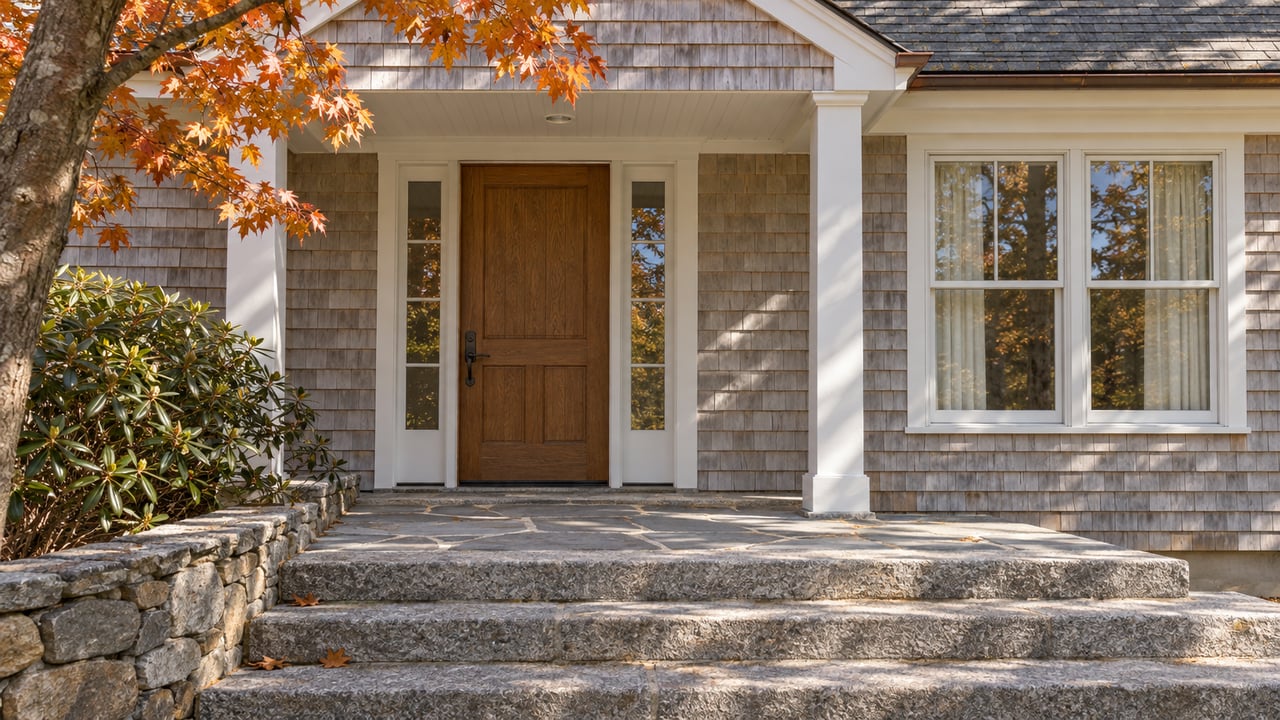 Gray-shingled house entrance with an oak door, paired sidelights, granite steps and early-autumn maple leaves.