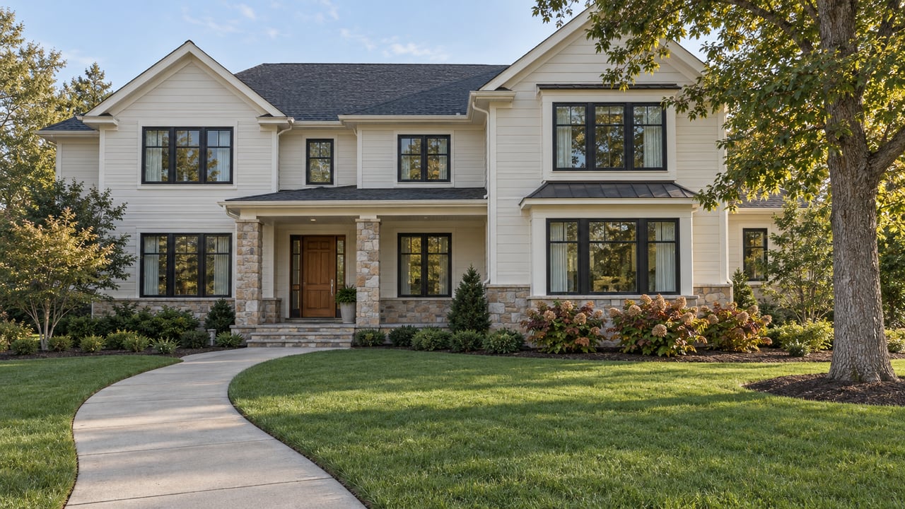 Substantial ivory two-story home with stone porch columns, grouped dark-framed windows, a deep front lawn, and an oak framing the facade.
