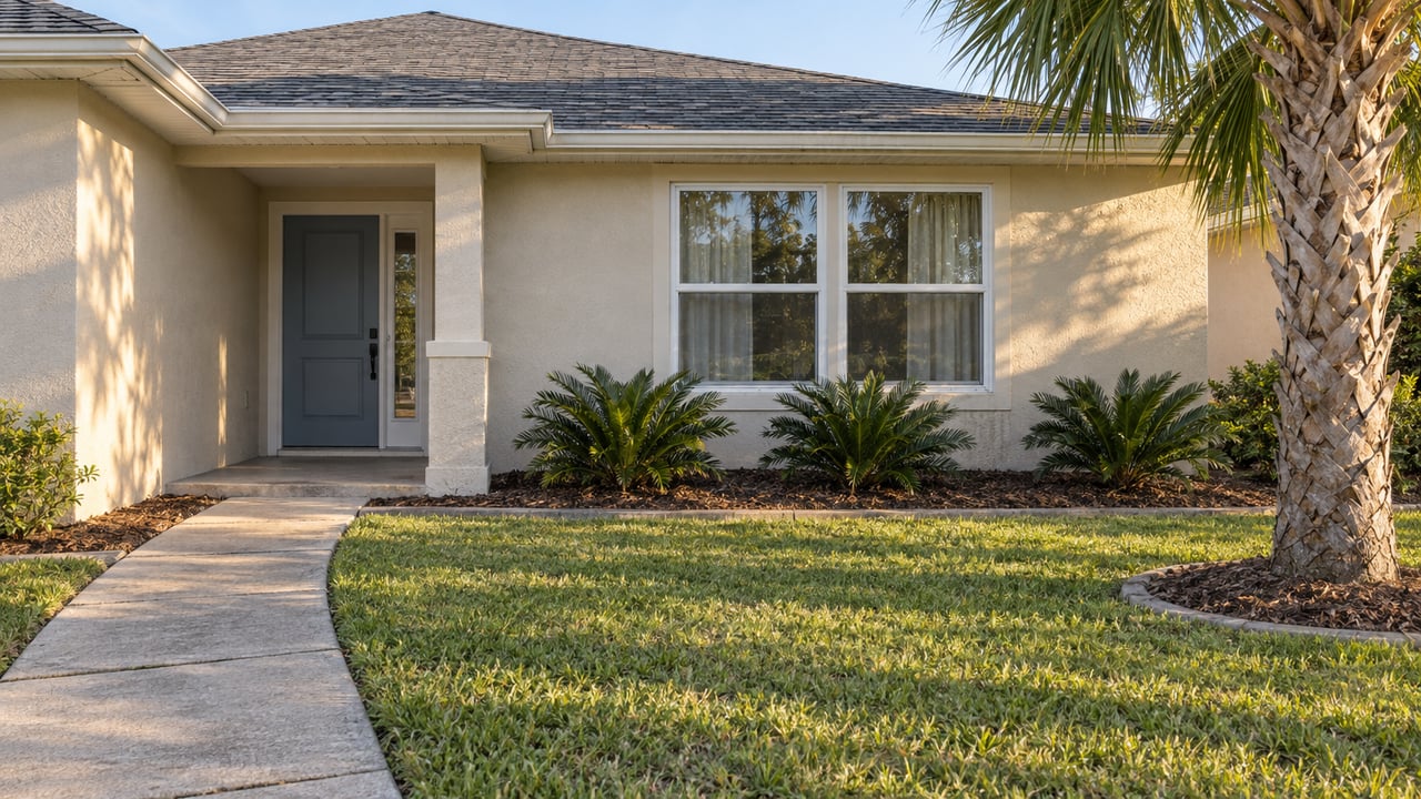 A single-story stucco home with a recessed blue-gray entry, paired windows, a concrete walkway, and a lawn edged with coontie planting.