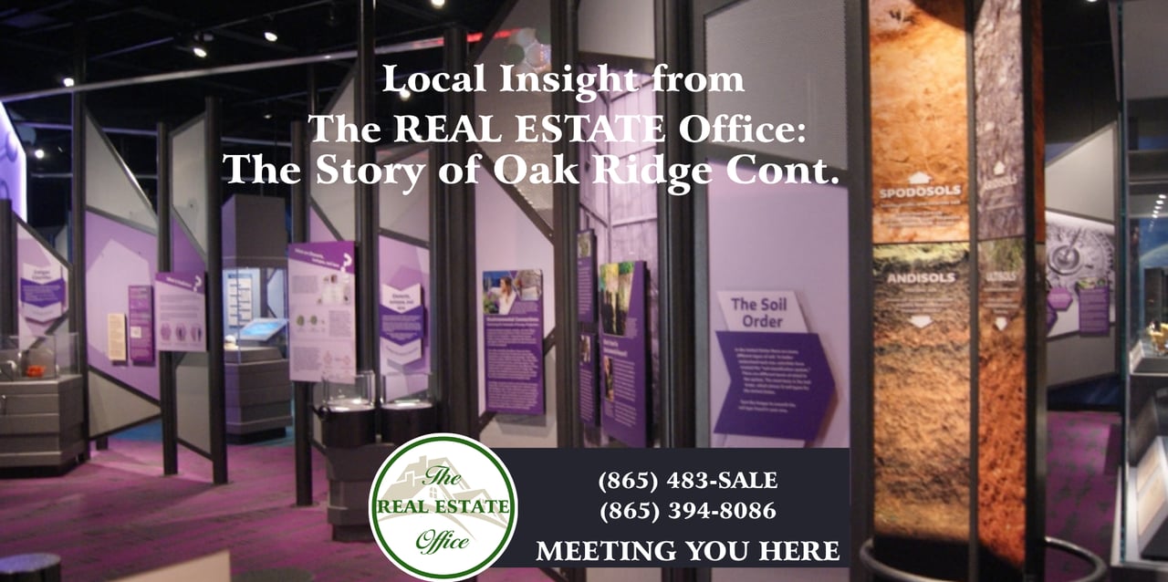 The Real Estate Office promotion with Oak Ridge story headline, contact numbers, and “Meeting You Here.”