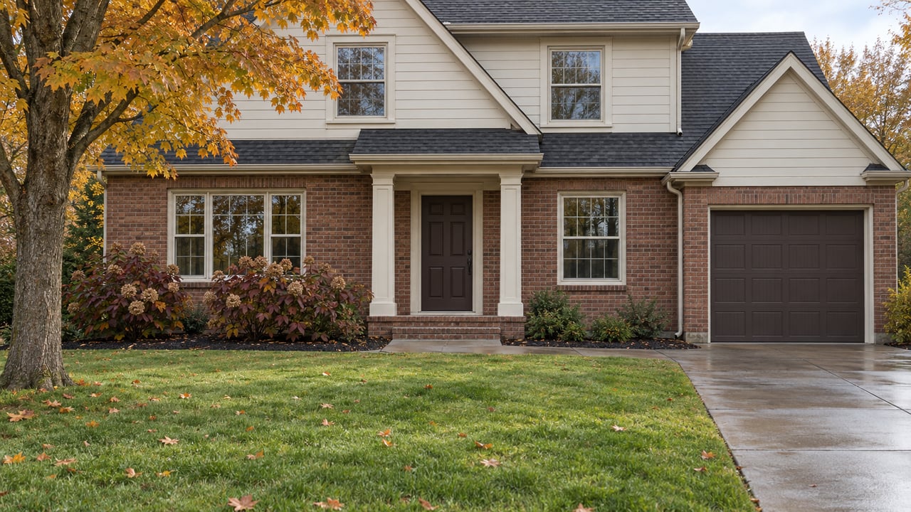 Autumn daylight on a brick and ivory-sided home, with a broad lawn, amber maple and a rain-darkened concrete approach.