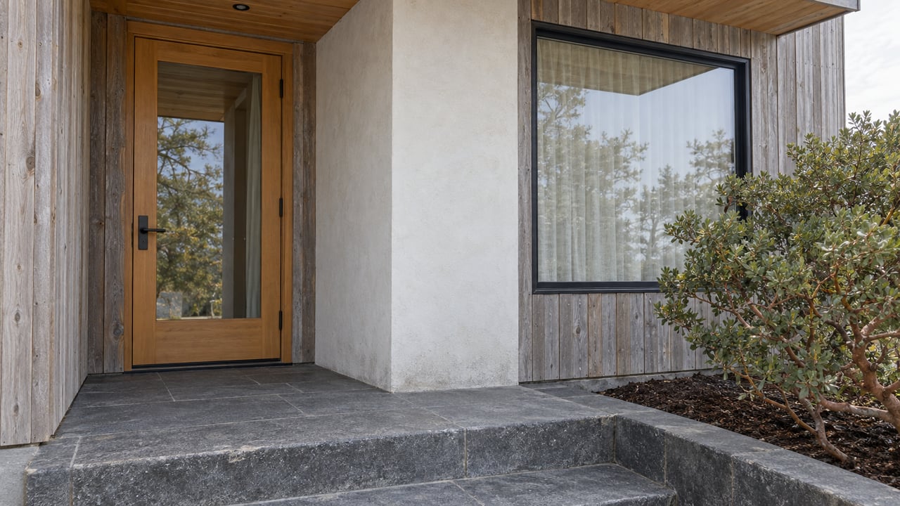Cedar cottage entry with a glazed wood door, white plaster pier, basalt steps and a sculptural manzanita.