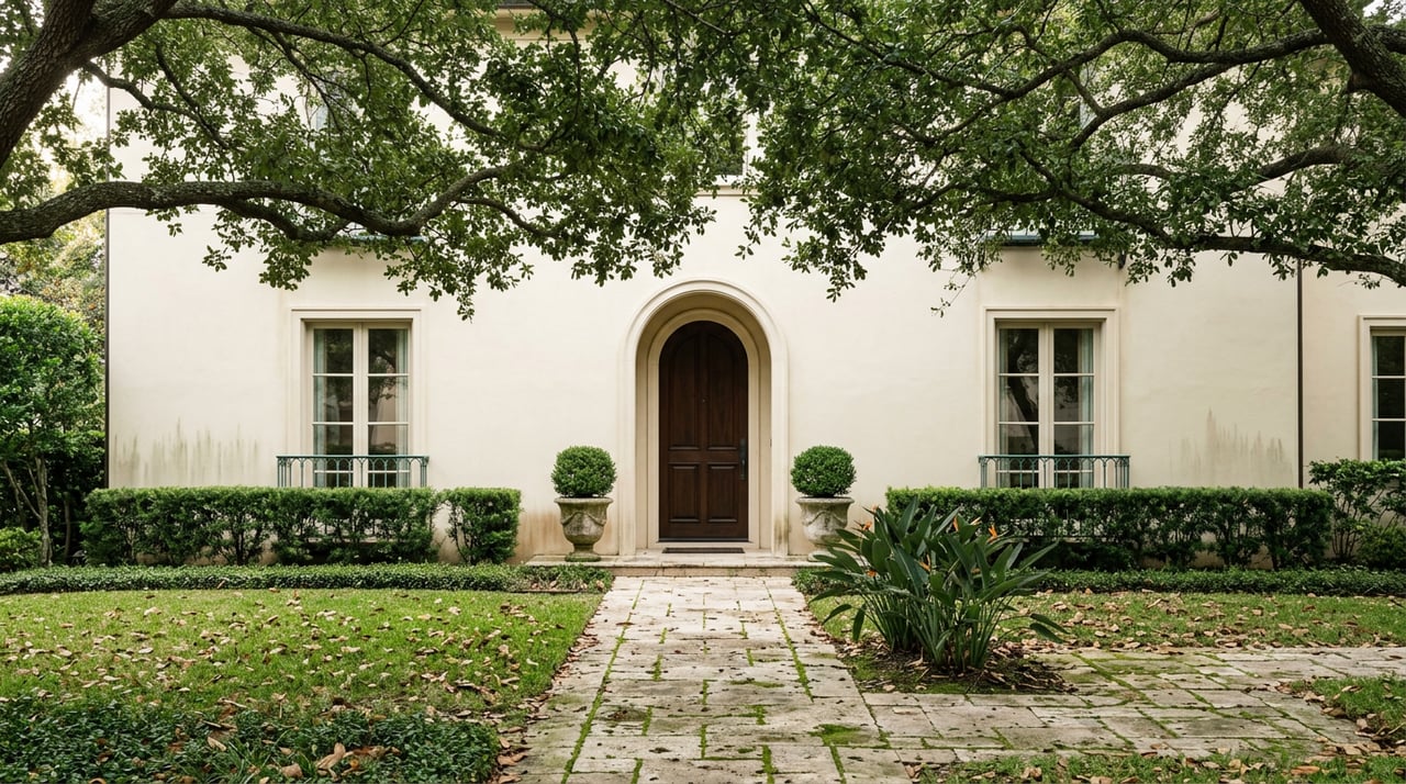 Mediterranean-style home with an arched walnut entry, terra-cotta roof, and oak canopy overhead.