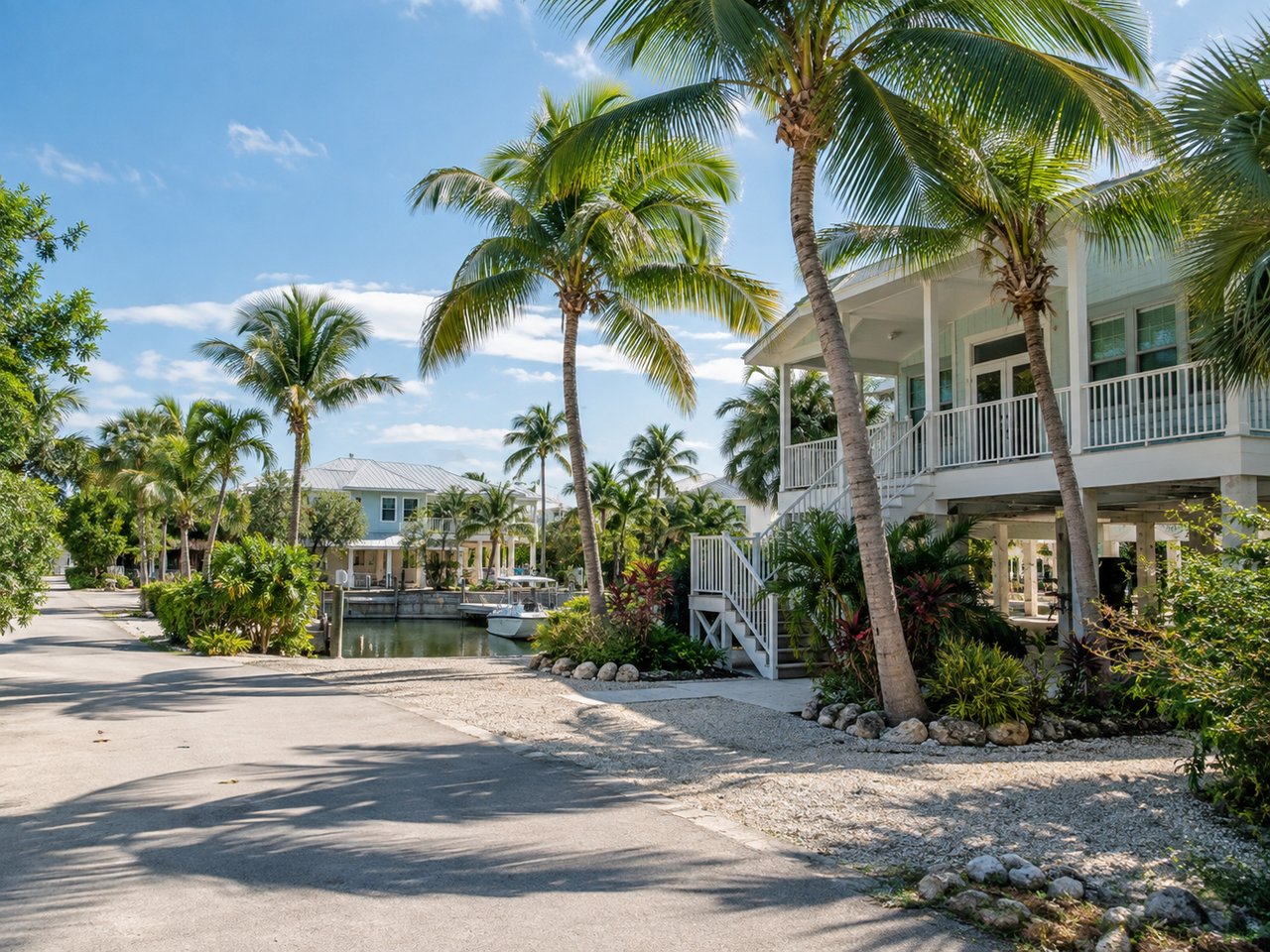 Elevated coastal home with a broad porch beside a palm-lined canal and residential street.