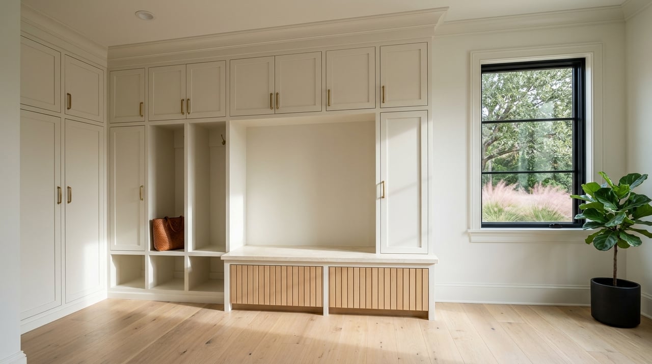 Luxury mudroom with oak cabinetry, limestone, and brass details.
