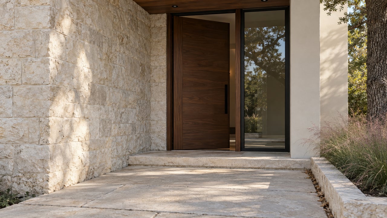 Recessed walnut entry door set in pale limestone, with a black-framed sidelight and oak reflected in its glass.