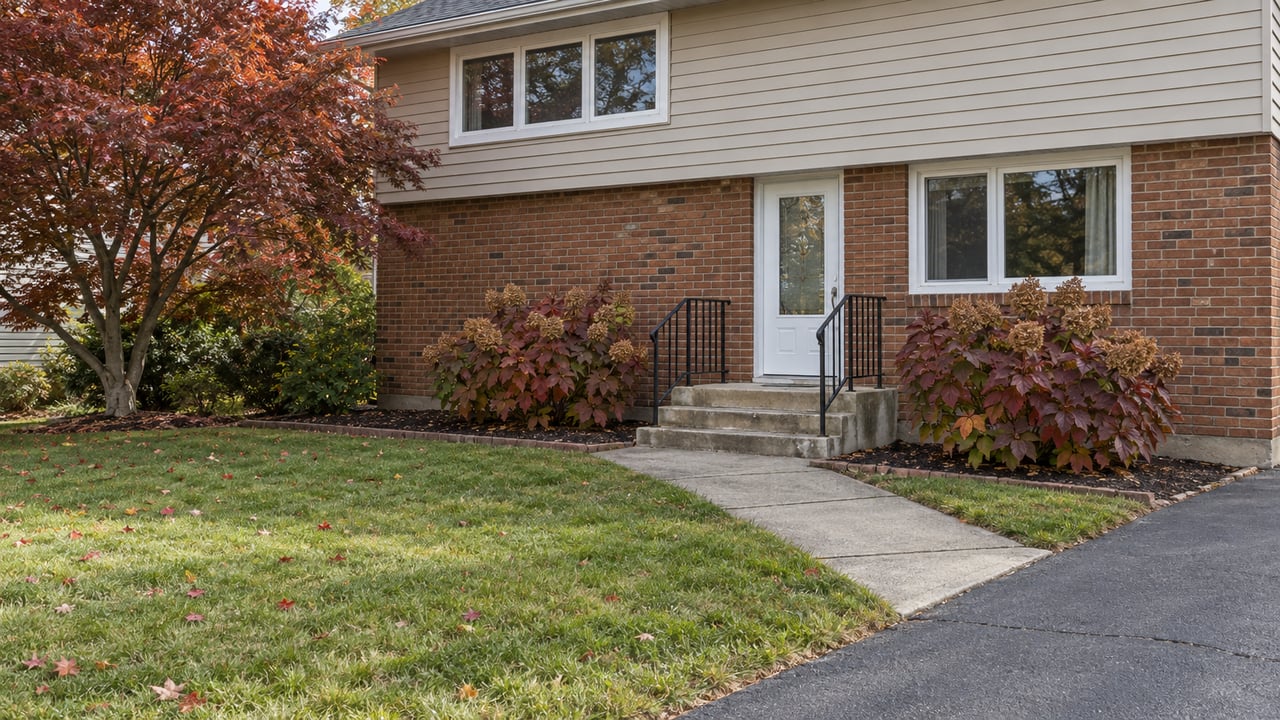 Beige split-level home with a brick lower facade, concrete entry steps, autumn maple foliage and a modest front lawn.