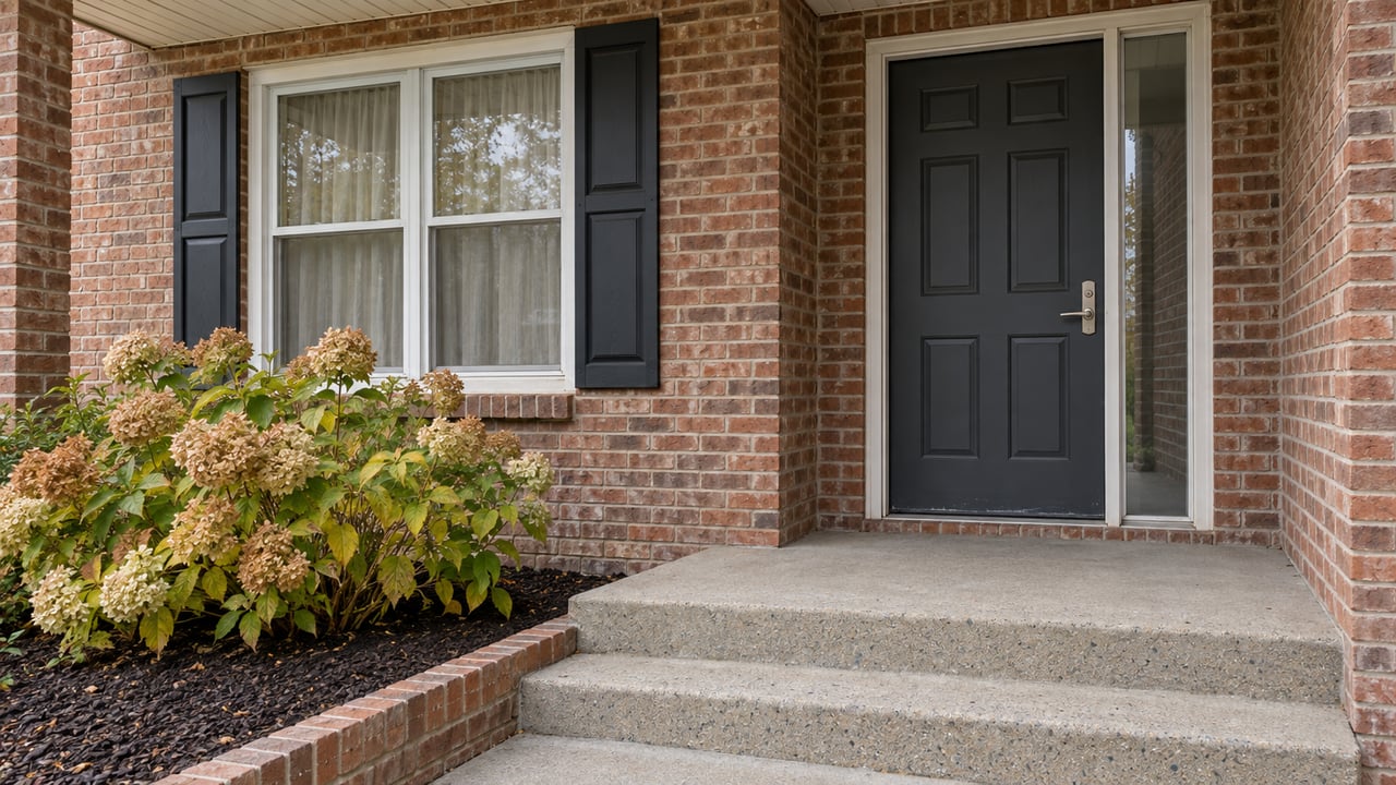 Covered brick home entrance with a charcoal door, paired black window shutters, concrete steps and a hydrangea with fading autumn flowers.