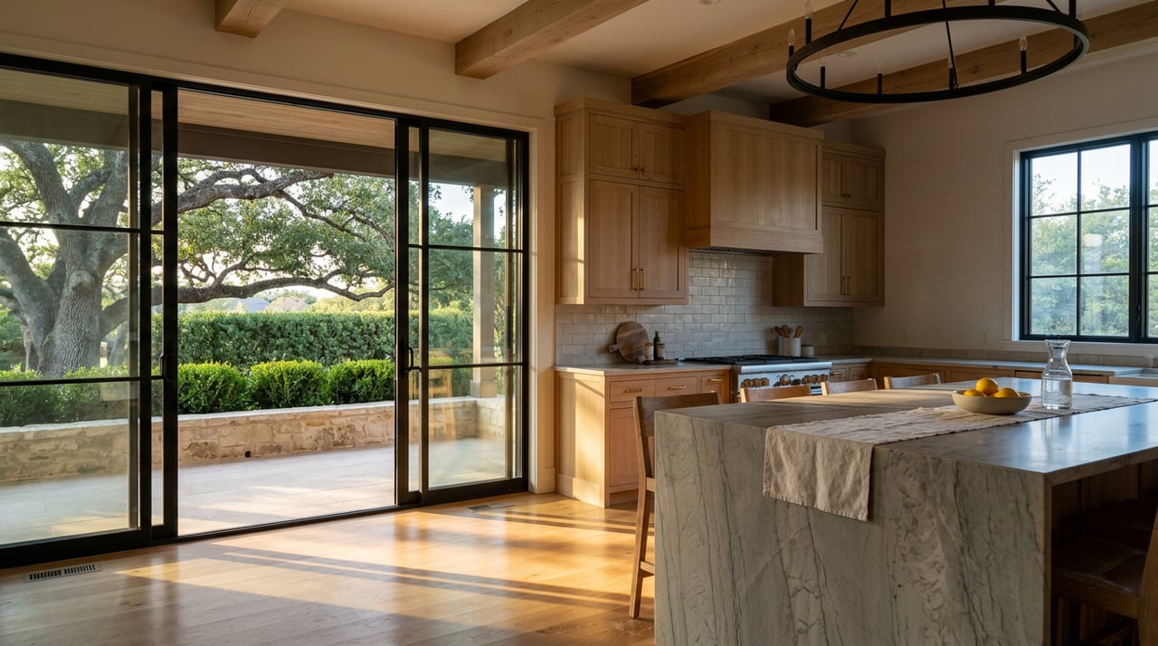Quartzite kitchen island with lemons and water carafe, oak cabinetry, and black-framed doors opening to an oak-shaded terrace.