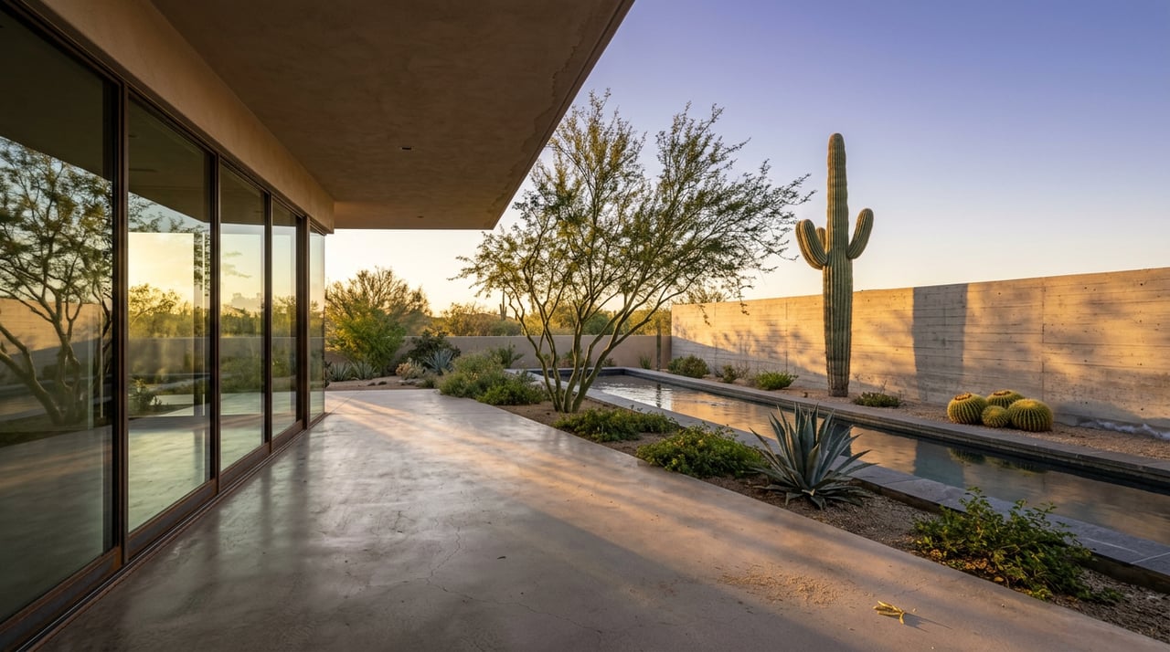 Covered patio overlooks a desert yard with a linear pool, palo verde, saguaro, and golden barrel cacti.
