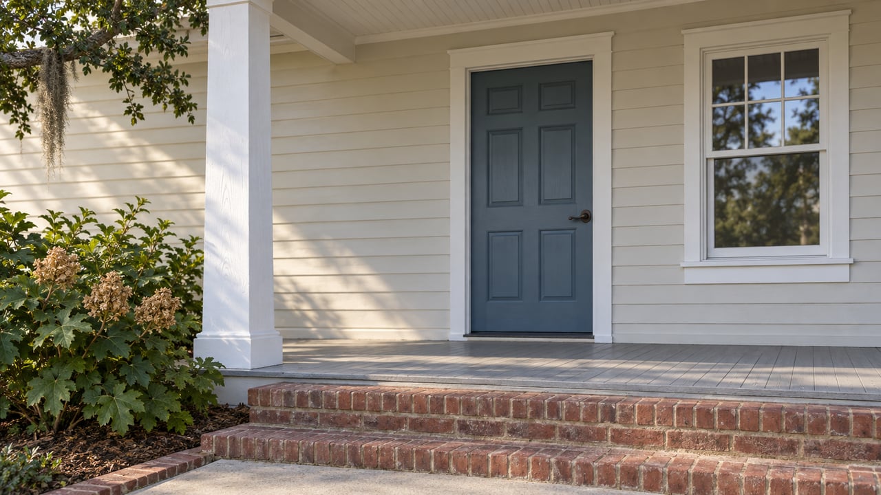 House front porch with a blue door, white siding, and brick steps.