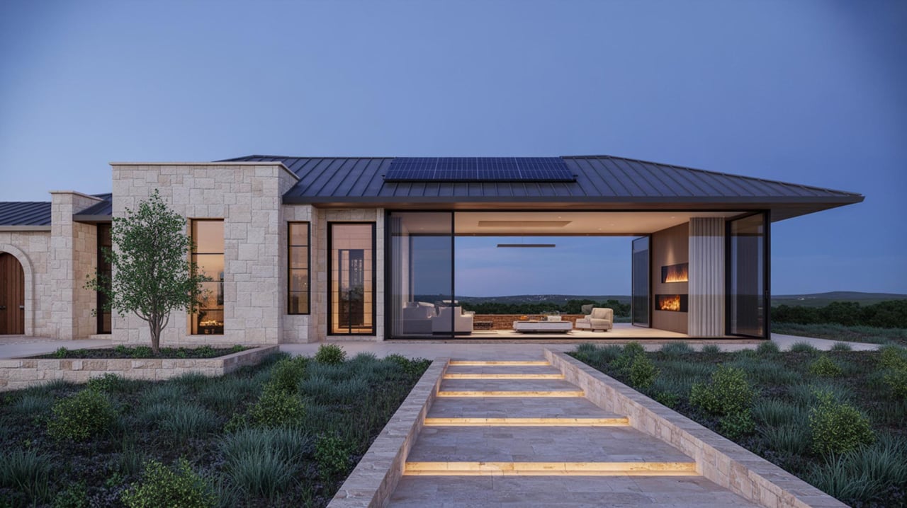 Modern stone house with a dark metal roof, glowing entry path, and wide windows overlooking the hills.