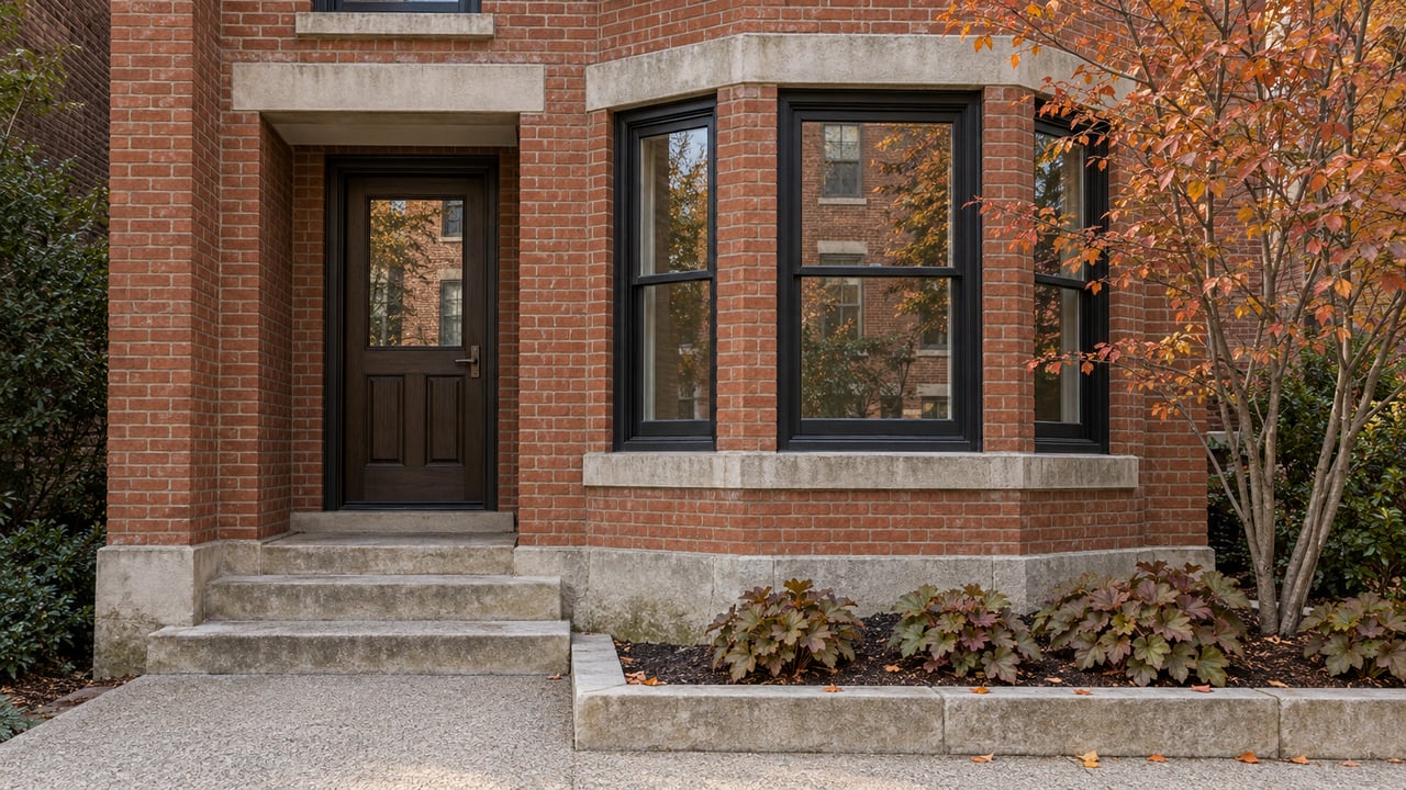 Autumn light falls across an aged red-brick home, limestone entry steps, black sash windows and copper-colored serviceberry foliage.