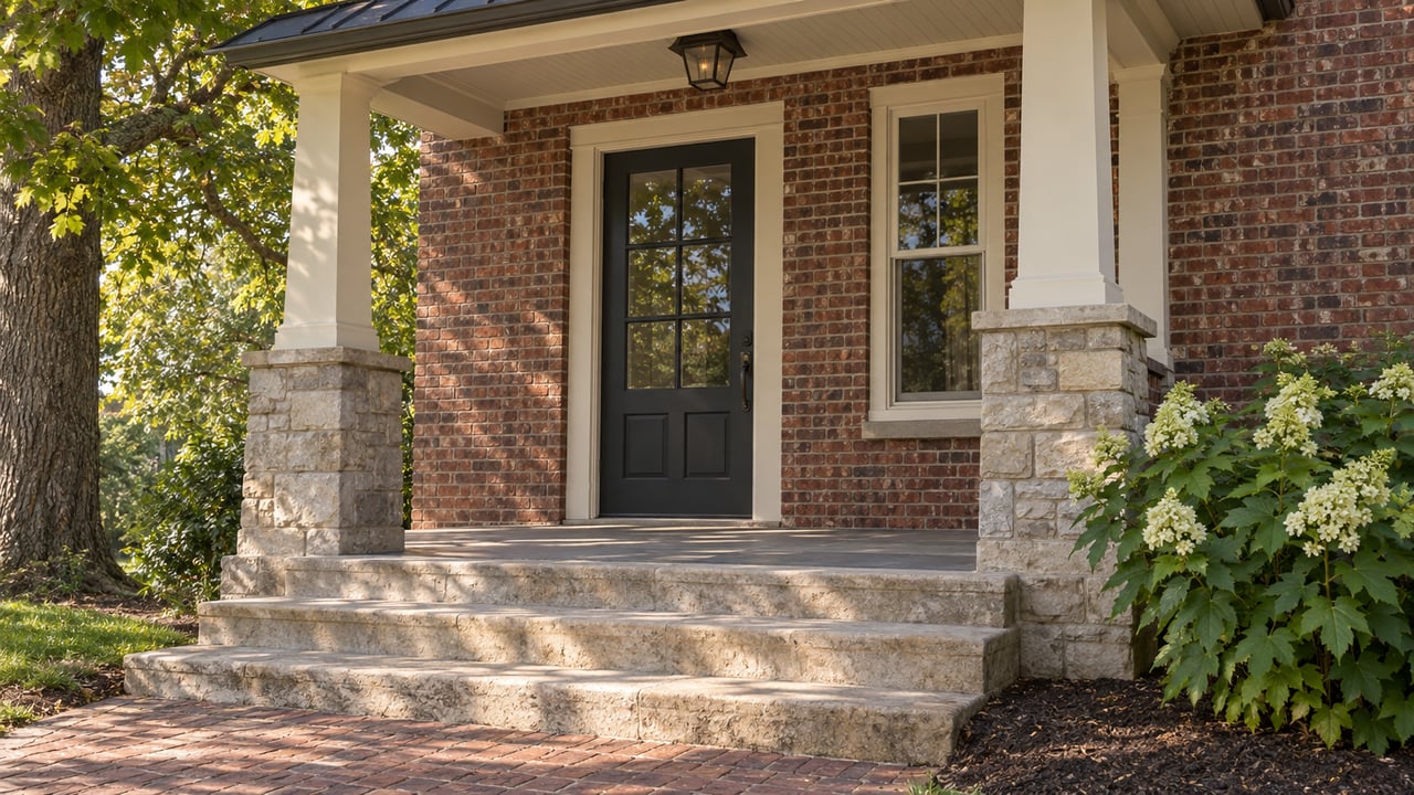 Brick house entry with a glazed dark door reflecting oak branches above three limestone steps.