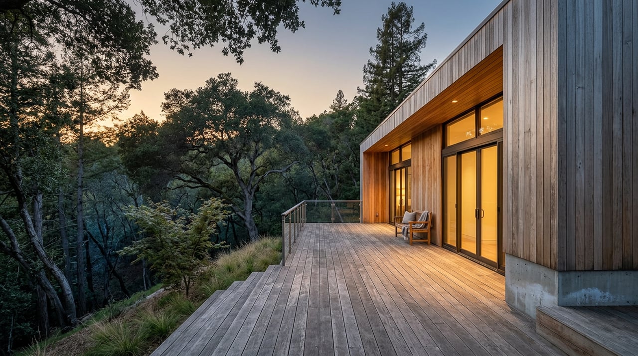 Hillside home's weathered deck overlooks a wooded ravine; warm light glows through glass doors.