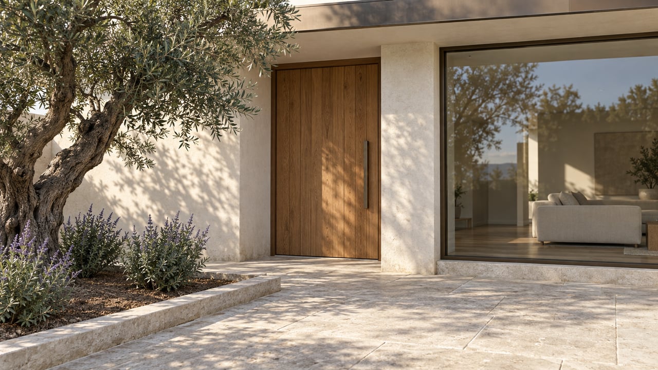 Morning light across a limestone entry terrace, oak front door and bronze-framed glazing, beside a mature olive tree.