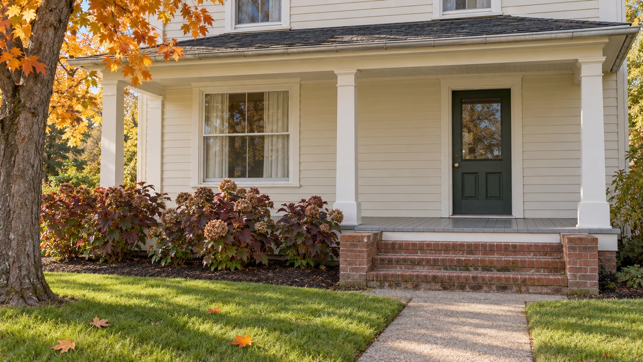 Ivory clapboard home with a green front door, brick porch steps and autumn foliage beside a concrete walk.
