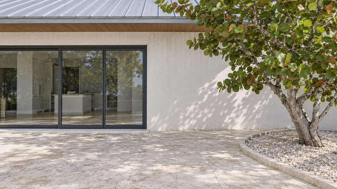 White stucco home with closed charcoal-framed sliding glass doors, ivory travertine terrace, and a sculptural sea grape tree in a shell-covered planting bed.