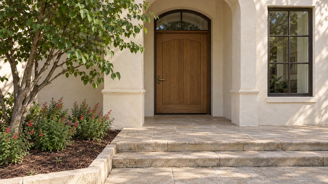 Sunlit cream-stucco entry with an oak door, arched transom, limestone steps and a redbud beside the porch.