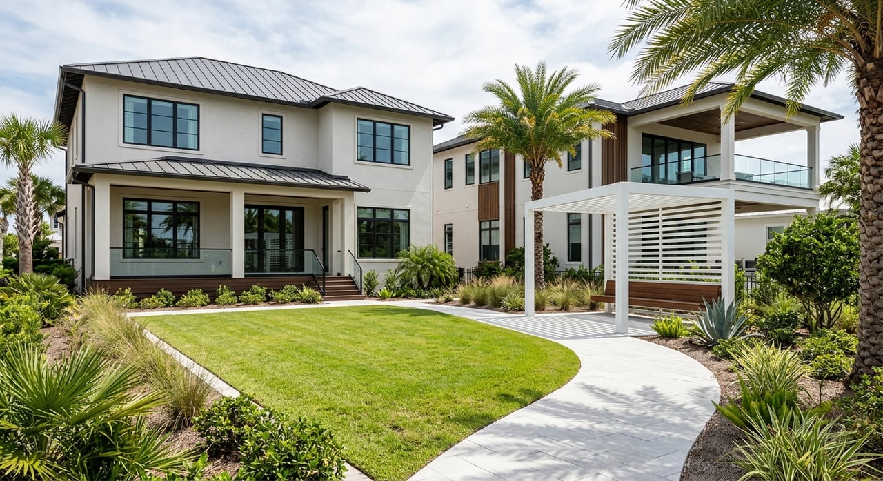 Paver path passes a pergola and teak bench beside a small lawn, palms, and light stucco homes.