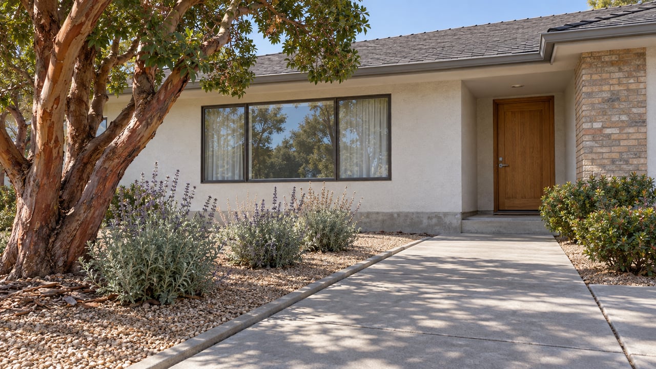 Sunlit single-story stucco home with a recessed oak front door, broad window and drought-tolerant planting along a concrete approach.