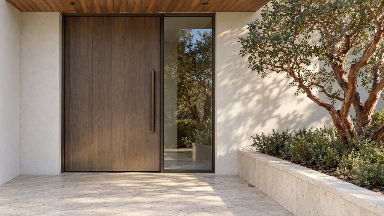 Contemporary home's recessed oak entrance beside bronze-framed glass, pale limestone paving and a sculptural red-barked manzanita.