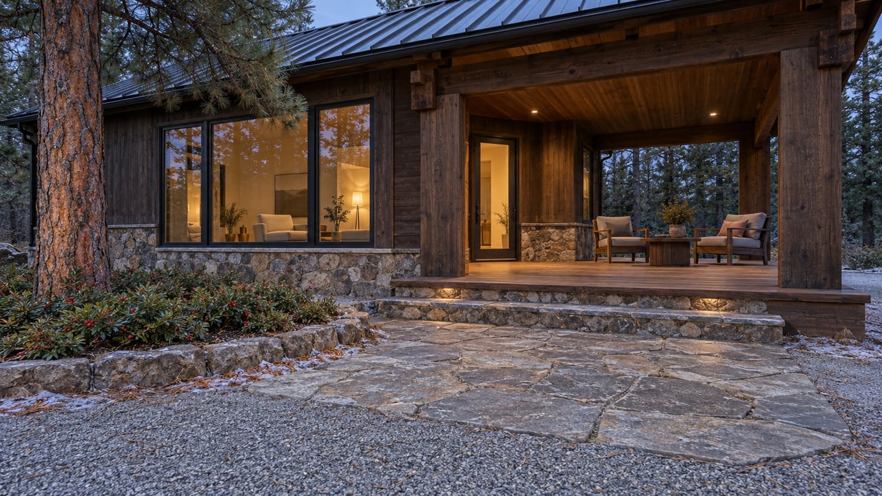 Timber home at blue hour with a stone foundation, shallow covered deck, warm closed windows, and a broad gravel and flagstone approach beside a mature ponderosa pine.